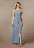 Blue Dusty A-Line Pleated Mother of the Bride Dress with Boat Neckline Draped Ruched Bodice Embellishment and Side Slit