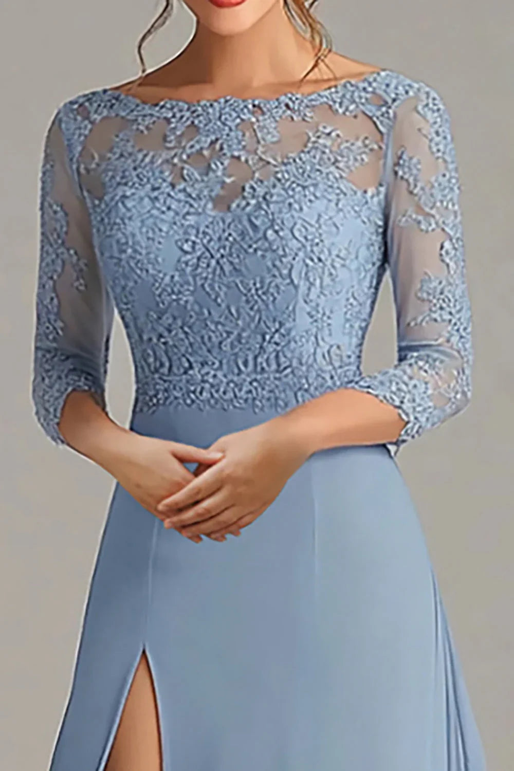 Blue Dusty A Line Mother of the Bride Dress with Slit