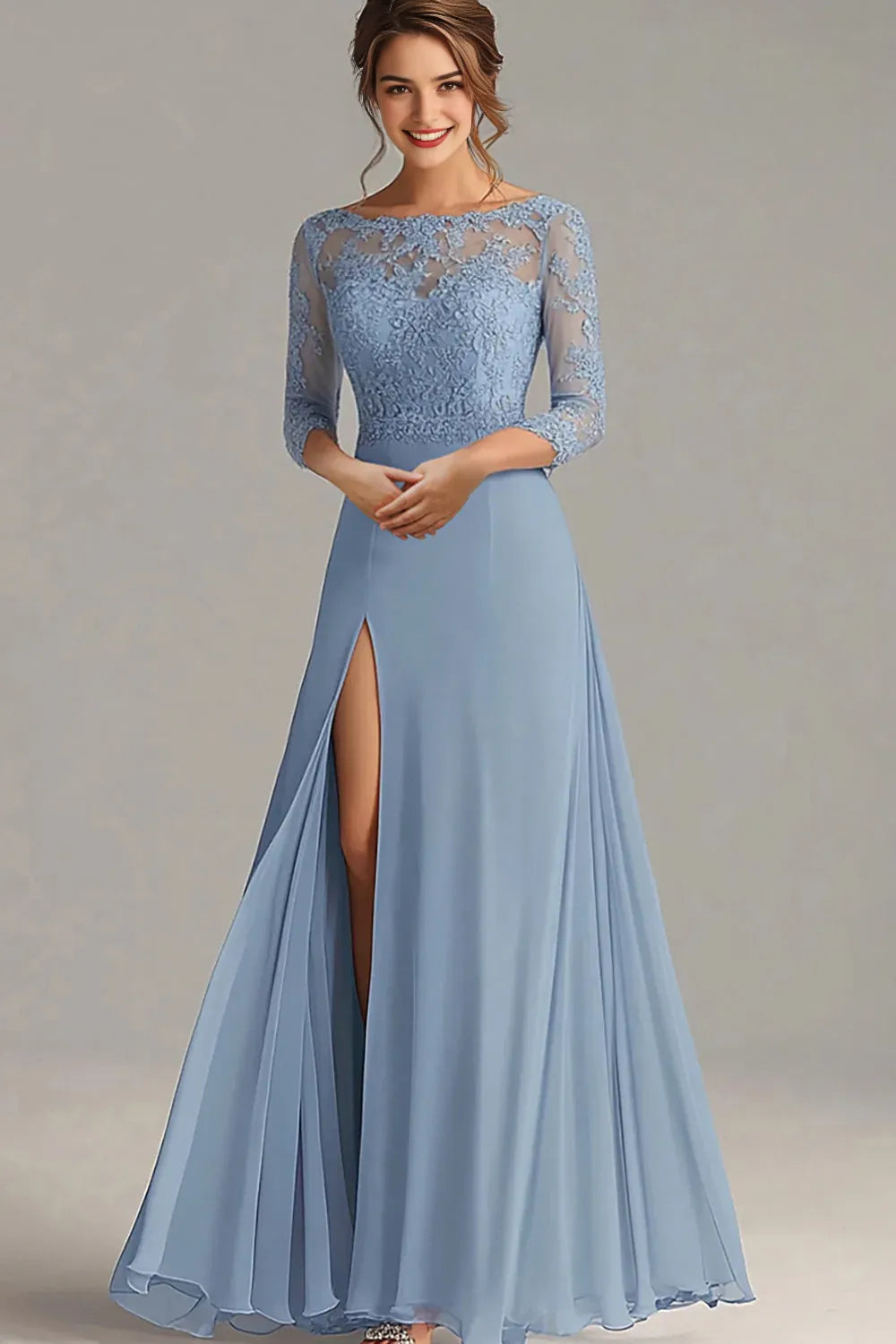Blue Dusty A Line Mother of the Bride Dress with Slit