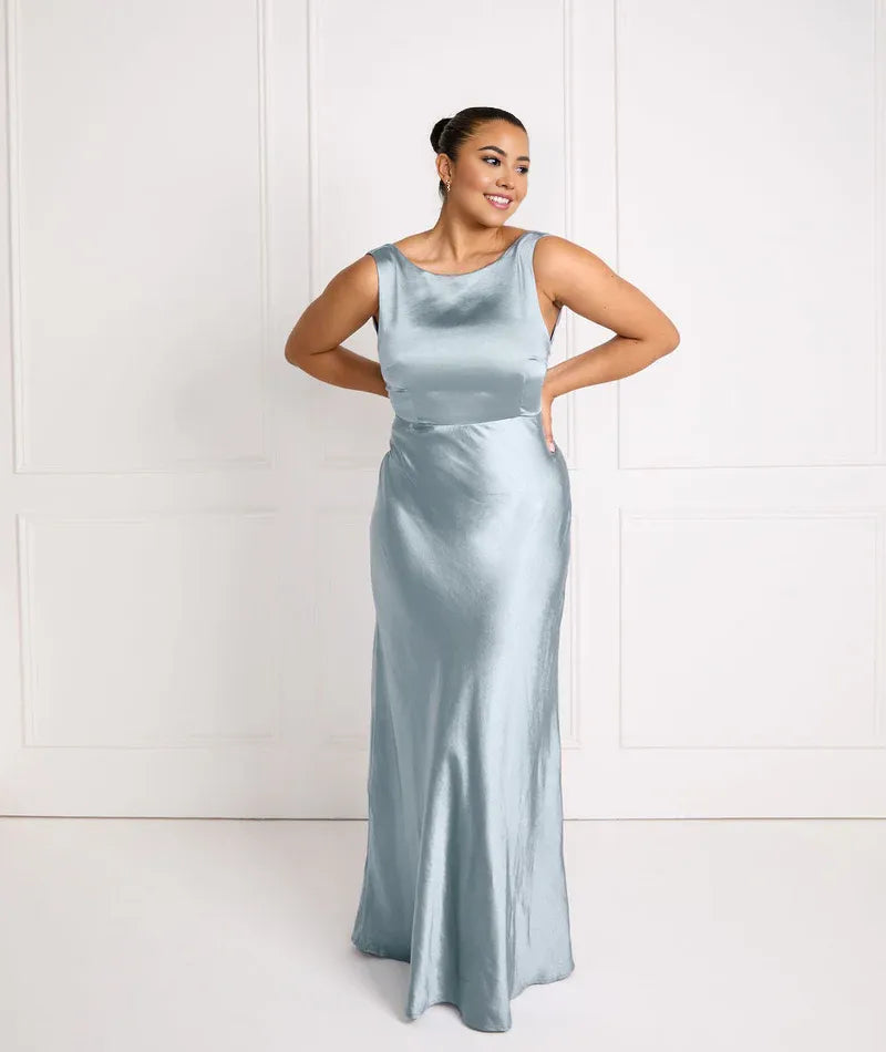 Special Occasion Sophisticated Graceful Stylish Elegant Champagne Satin Cowl Sleeveless Bridesmaid Dress