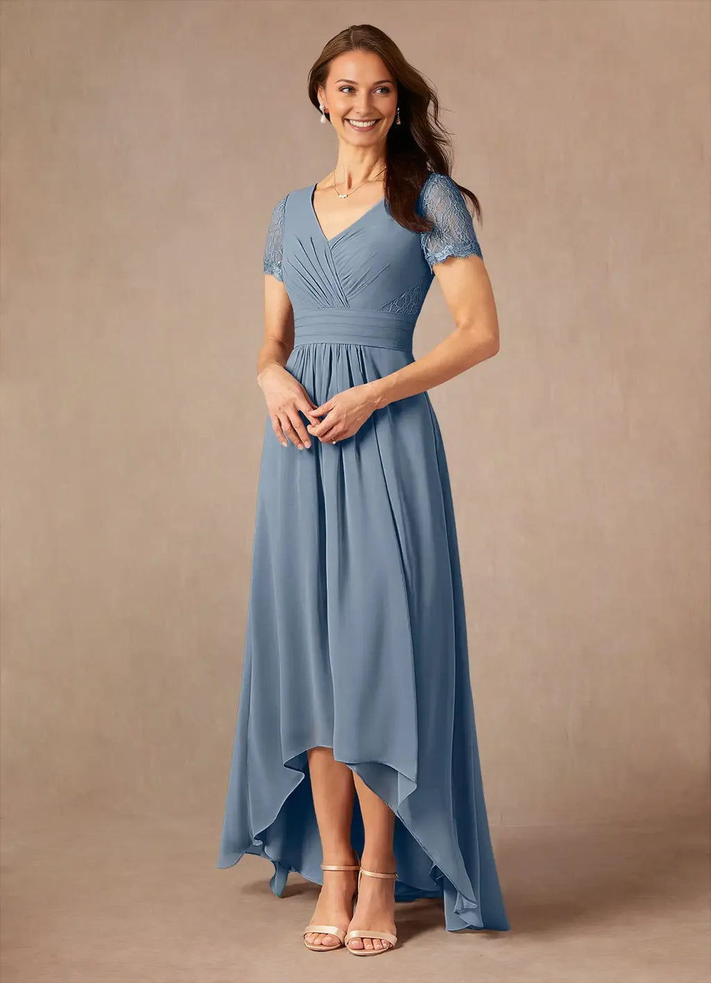 Blue Dusty Mother of the Bride Dress with V - Neckline Trimmed Short Sleeves Ruched Waist and High - Low