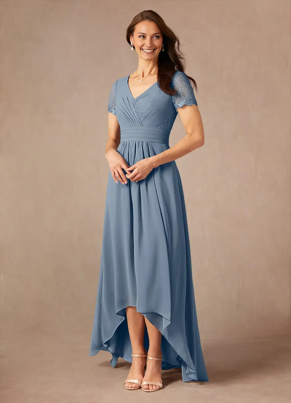 Blue Dusty Mother of the Bride Dress with V - Neckline Trimmed Short Sleeves Ruched Waist and High - Low