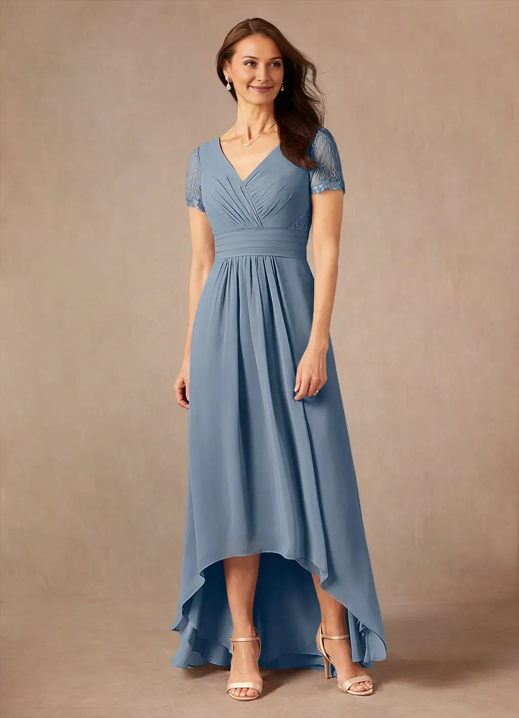 Blue Dusty Mother of the Bride Dress with V - Neckline Trimmed Short Sleeves Ruched Waist and High - Low