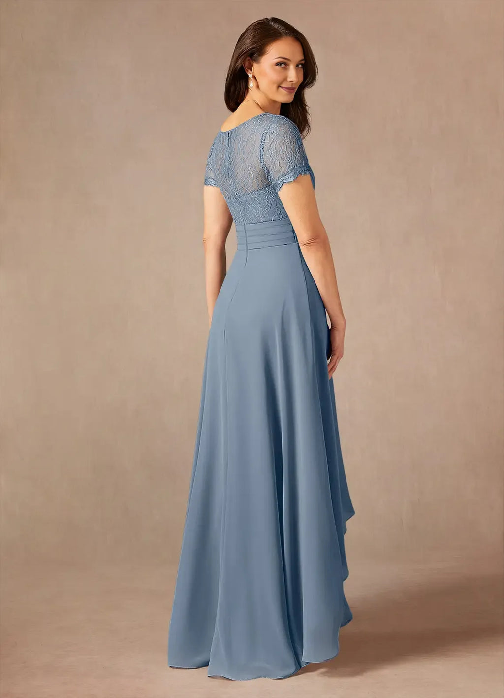 Blue Dusty Mother of the Bride Dress with V - Neckline Trimmed Short Sleeves Ruched Waist and High - Low