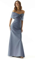 Blue Dusty Off - Shoulder Evening Dress with Twisted Drape Neckline and Mermaid Silhouette for Elegant Occasions