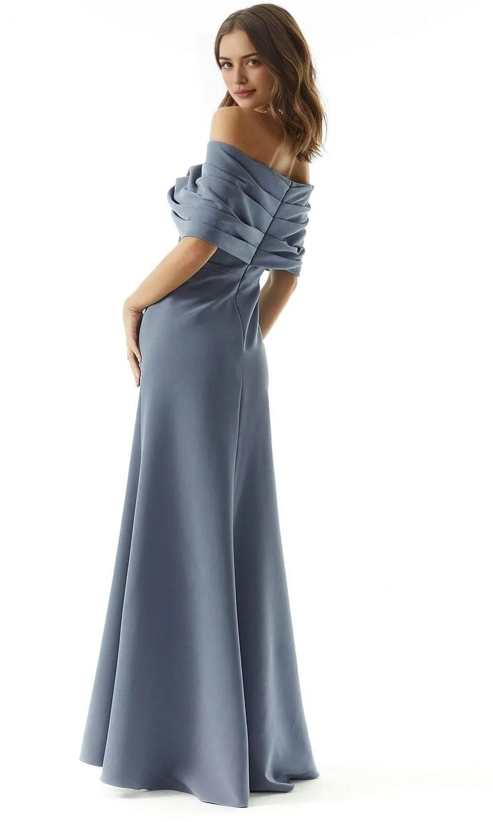 Blue Dusty Off - Shoulder Evening Dress with Twisted Drape Neckline and Mermaid Silhouette for Elegant Occasions