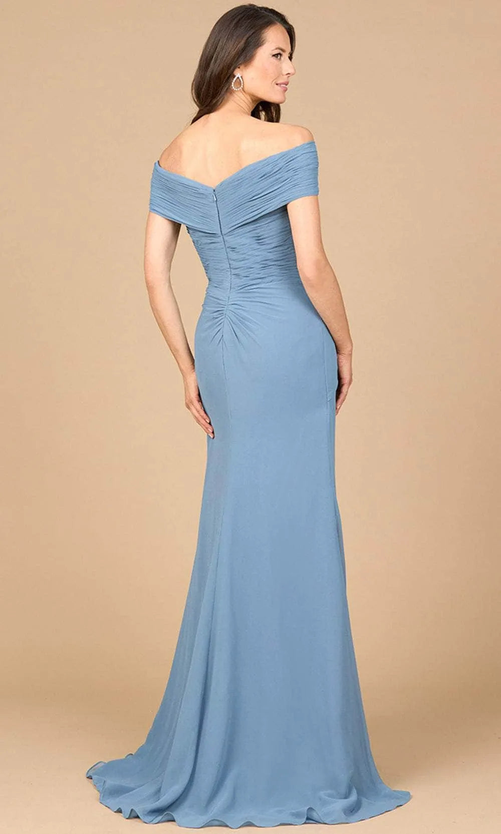 Blue Dusty Off Shoulder Evening Dress with Ruched Bodice Floral and Asymmetric Ruffle Skirt for Elegant Occasions