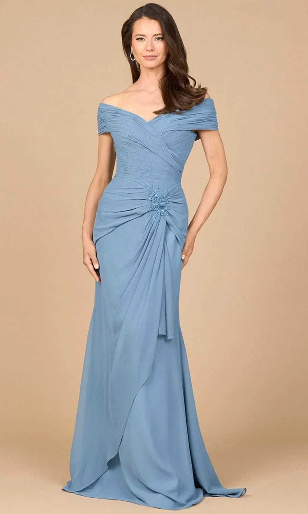 Blue Dusty Off Shoulder Evening Dress with Ruched Bodice Floral and Asymmetric Ruffle Skirt for Elegant Occasions