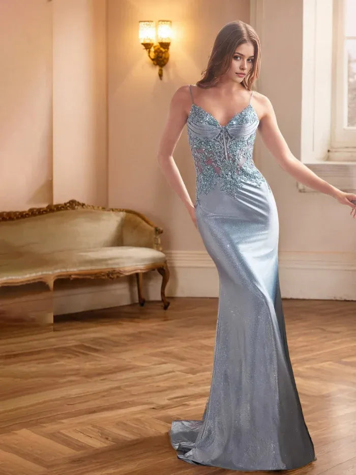 Blue Dusty Prom Dress Sparkly Trumpet/Mermaid Spaghetti Straps Sequins Long Prom Dress