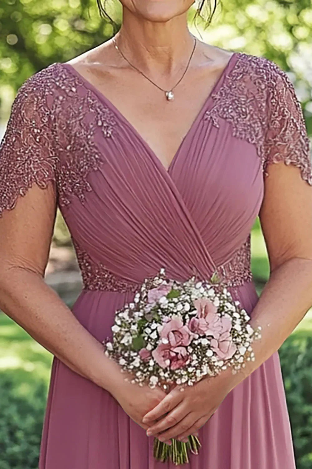 Dusty Rose Cap Sleeves Pleated Mother of the Bride Dress