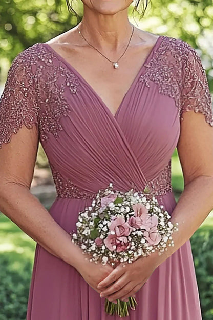 Elegant Red Pleated A-Line Classic-Neck Cap-Sleeve Classic-Back Floor-Length Mother-of-the-Bride Dress
