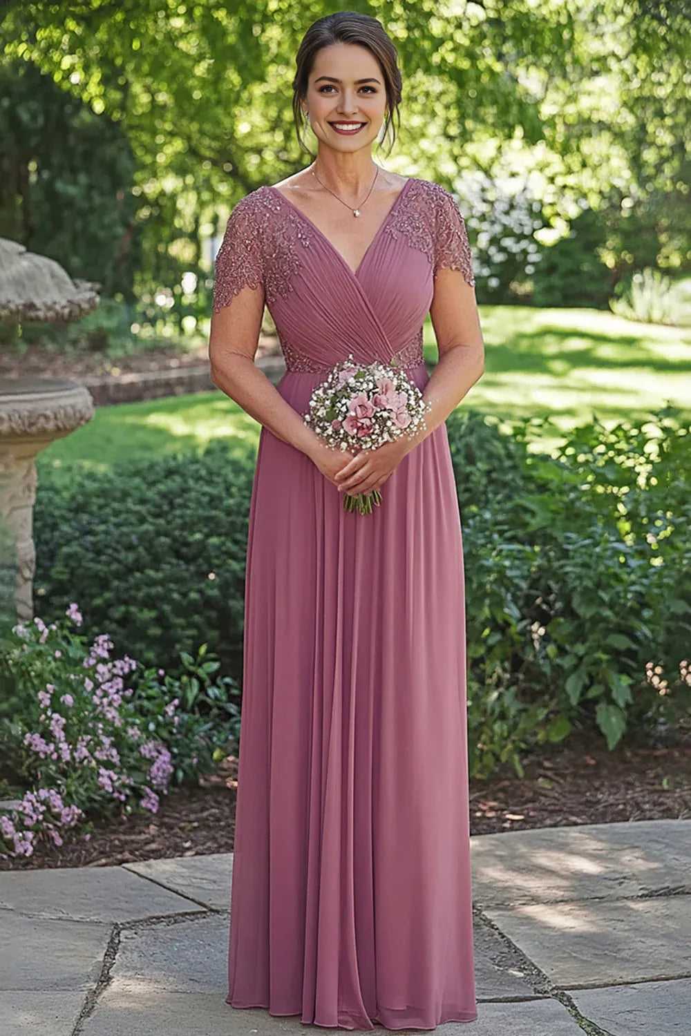 Dusty Rose Cap Sleeves Pleated Mother of the Bride Dress