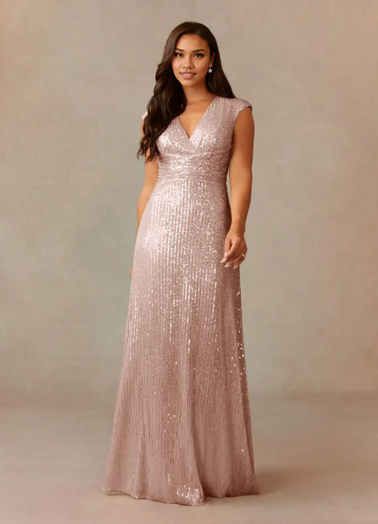 Refined Elegant Champagne Sequins A-Line V-Neck Ruffle Mother of the Bride Dress