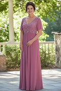 Dusty Rose Short Sleeves A Line Mother of the Bride Dress