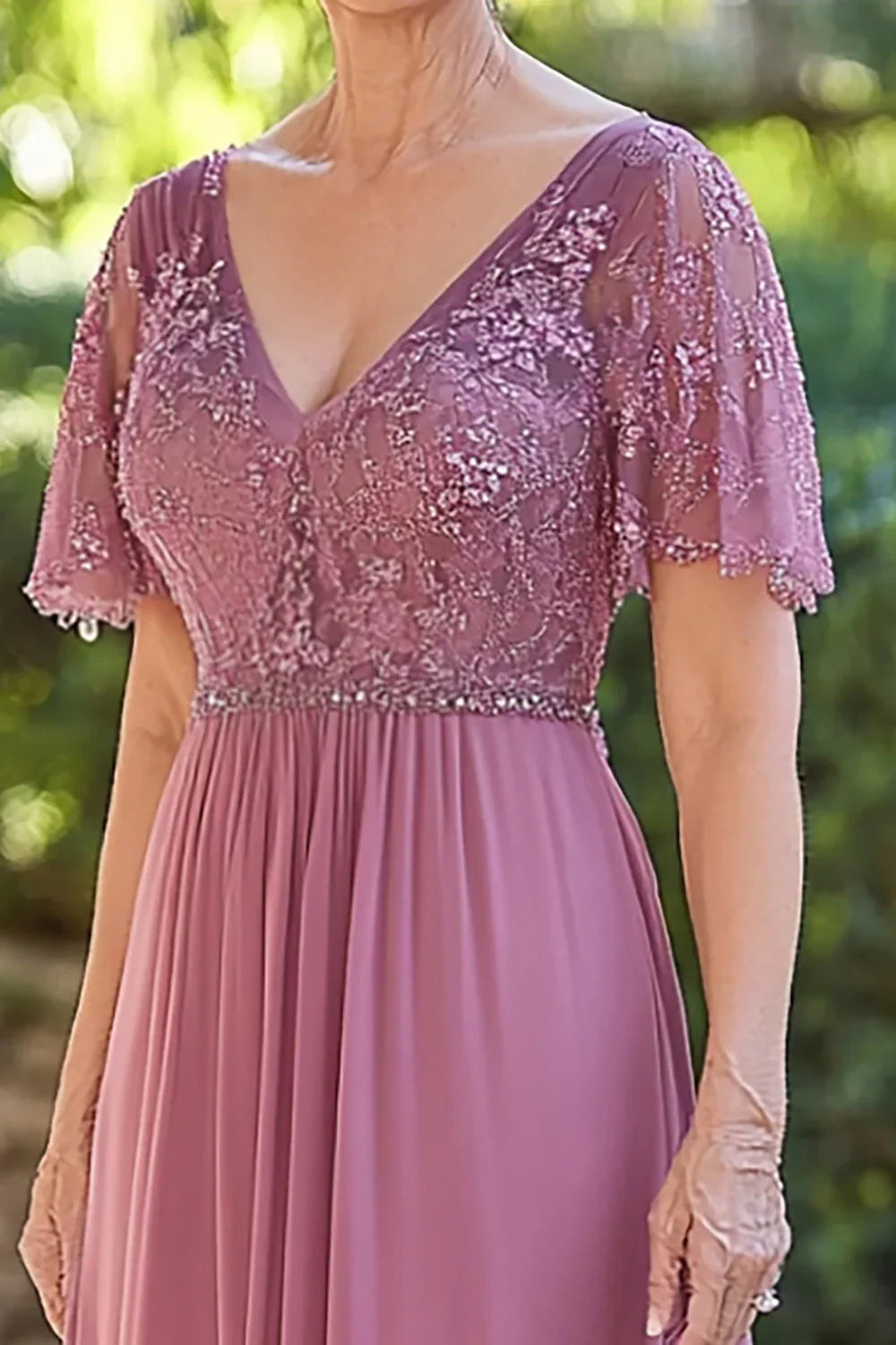 Dusty Rose V-Neck Mother of the Bride Dress