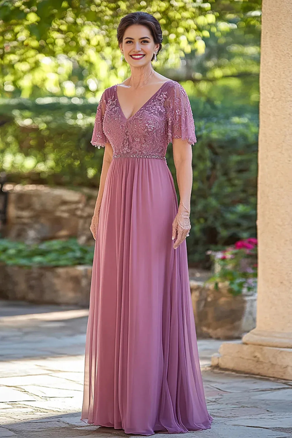 Dusty Rose V-Neck Mother of the Bride Dress