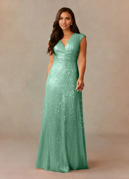 Refined Elegant Champagne Sequins A-Line V-Neck Ruffle Mother of the Bride Dress
