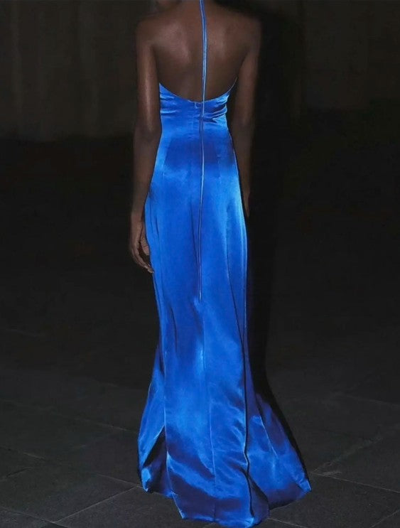 Blue Royal V-neck Sheath Evening Dress Sexy Backless Long Prom Dresses with Slits