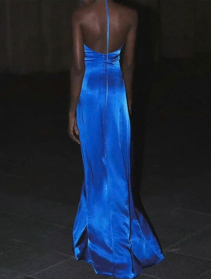 Luxurious Royal-Blue Slit A-Line V-Neck Sleeveless Backless Floor-Length Prom Dress