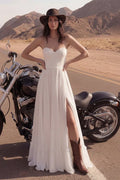 White Edgy A-Line Sweetheart Ruffled Slit Maxi Wedding Dress Hot Sale
