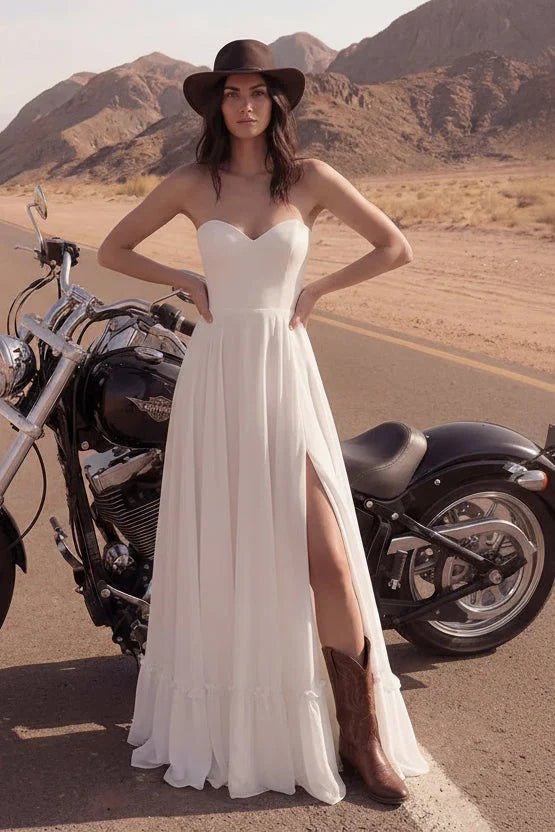 White Edgy A-Line Sweetheart Ruffled Slit Maxi Wedding Dress Hot Sale