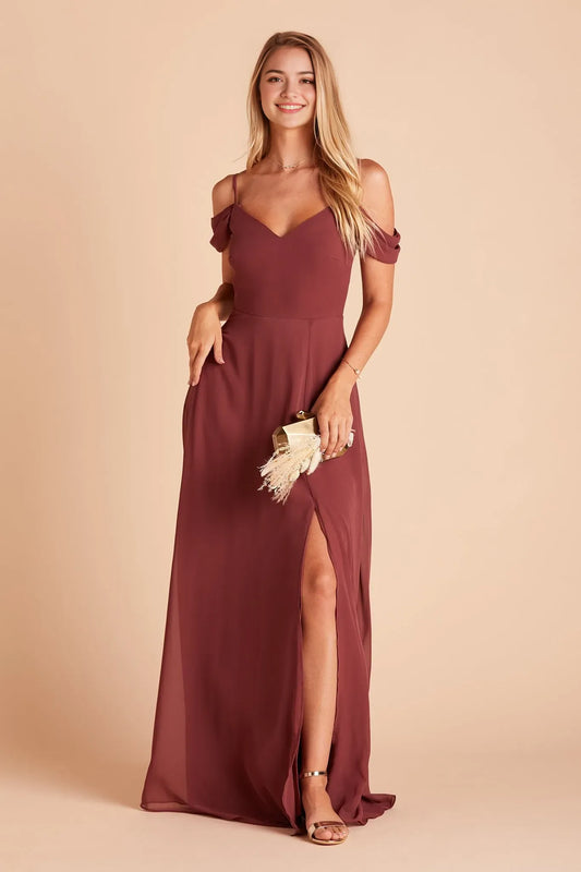 Elegant Burgundy Slit A-Line V-Neck Classic-Sleeve Classic-Back Floor-Length Prom Dress