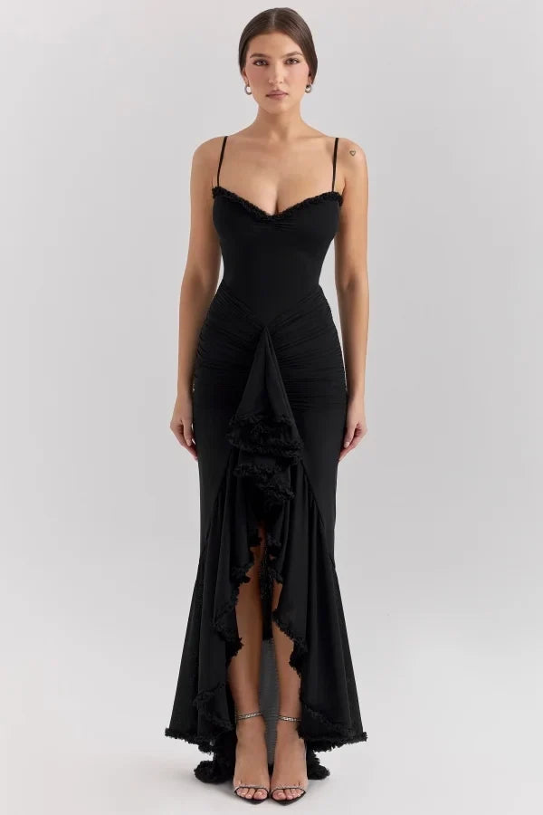 Black Edgy Mermaid Spaghetti Strap Frill Maxi Prom Dress