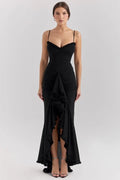 Black Edgy Mermaid Spaghetti Strap Frill Maxi Prom Dress