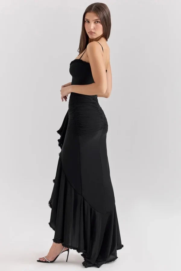 Black Edgy Mermaid Spaghetti Strap Frill Maxi Prom Dress