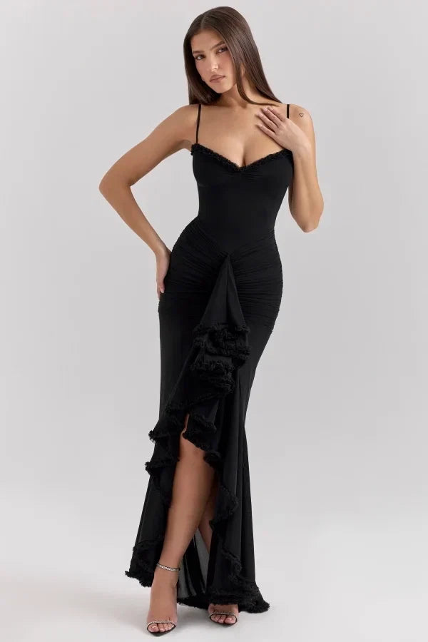 Black Edgy Mermaid Spaghetti Strap Frill Maxi Prom Dress
