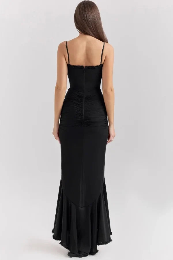 Black Edgy Mermaid Spaghetti Strap Frill Maxi Prom Dress