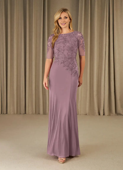 Elegant Lavender Chiffon Mermaid Scoop Neck Short Sleeve Floor-Length Mother of the Bride Dress