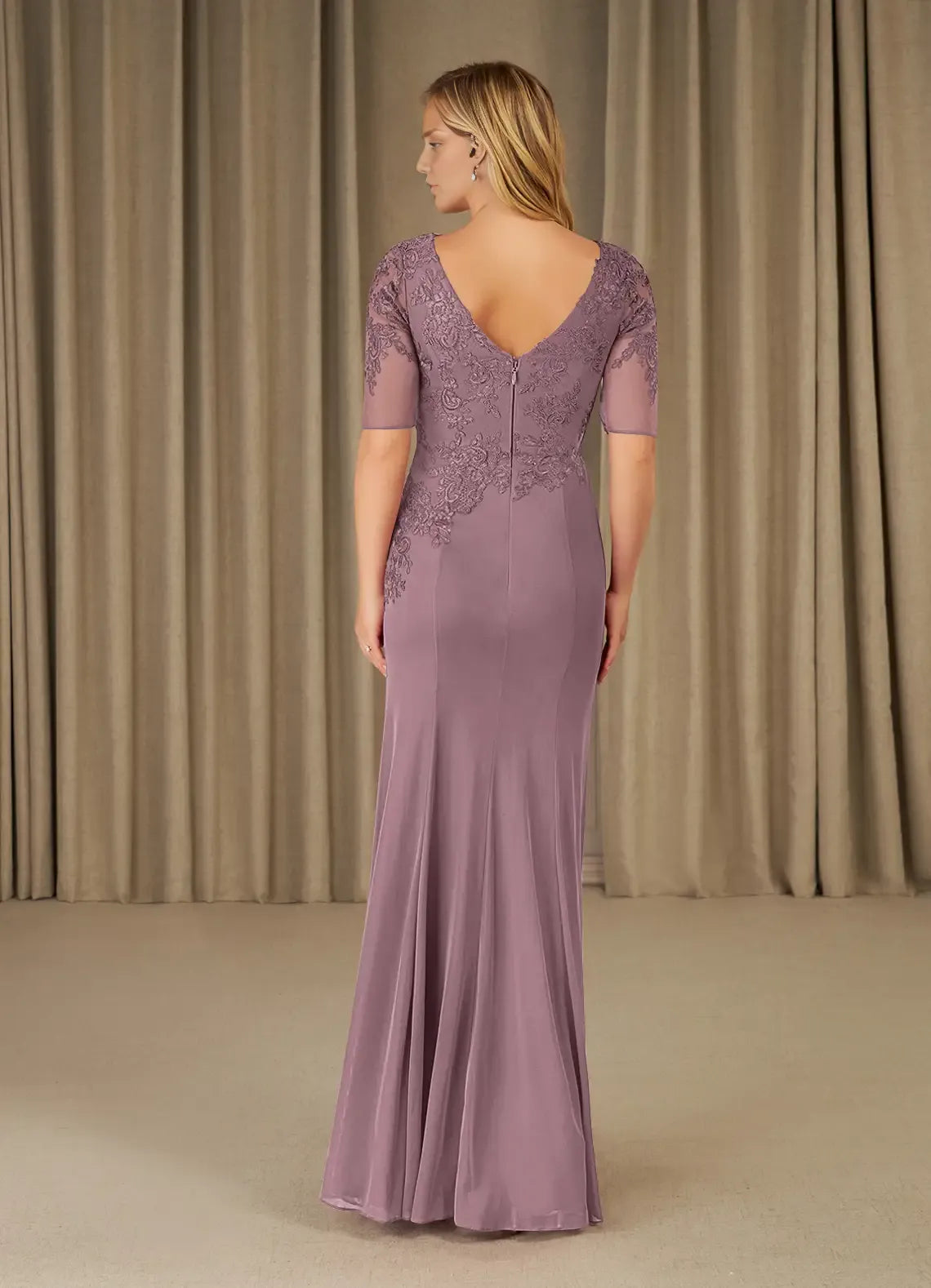 Elegant Lavender Chiffon Mermaid Scoop Neck Short Sleeve Floor-Length Mother of the Bride Dress