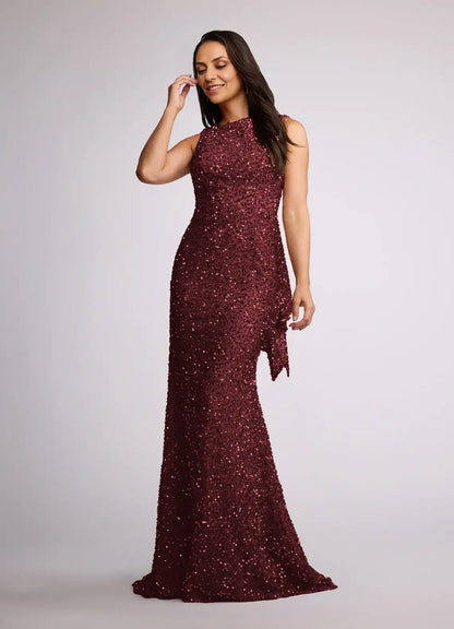 Elegant Burgundy Sequin Mermaid Scoop Neck Sleeveless Mother of the Bride Dress