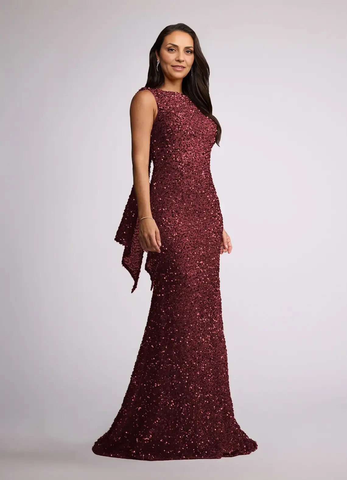 Elegant Burgundy Sequin Mermaid Scoop Neck Sleeveless Mother of the Bride Dress
