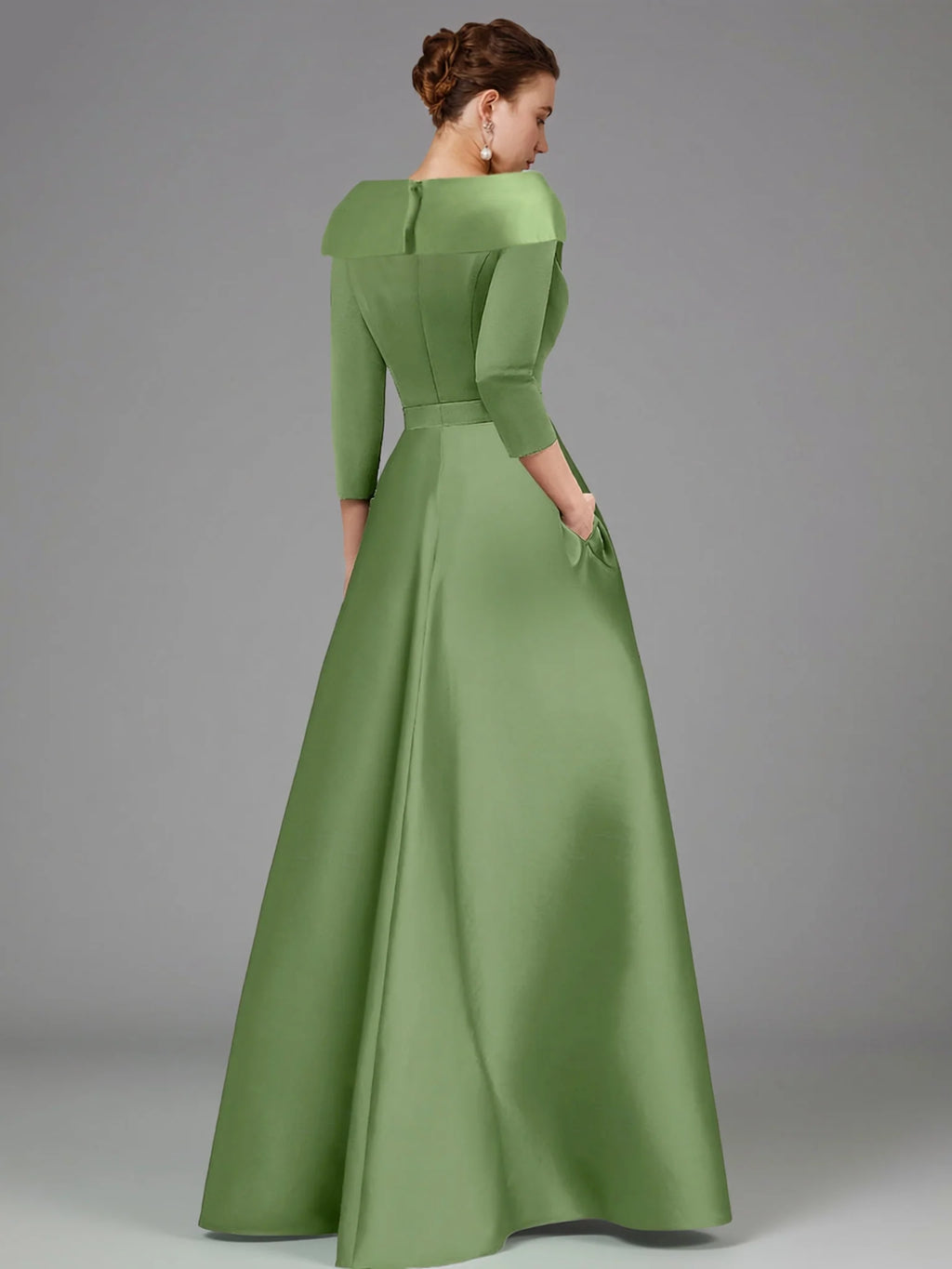 Elegant Sage Green Satin Ball Gown Slit Floor-Length Mother of the Bride Dress