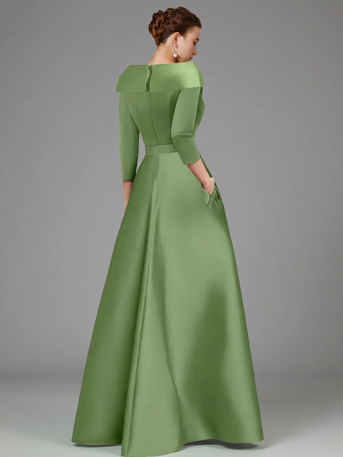 Elegant Sage Green Satin Ball Gown Slit Floor-Length Mother of the Bride Dress