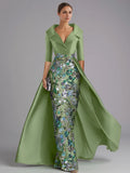 Elegant Sage Green Satin Ball Gown Slit Floor-Length Mother of the Bride Dress