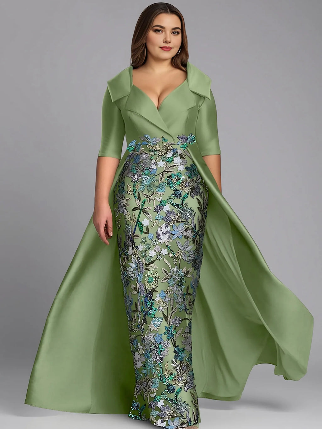 Elegant Sage Green Satin Ball Gown Slit Floor-Length Mother of the Bride Dress