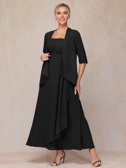Elegant Black Chiffon Square Neck Short Sleeve Short Mother of the Bride Dress