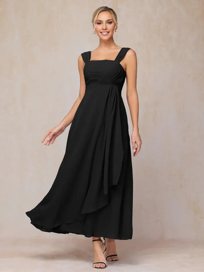 Elegant Black Chiffon Square Neck Short Sleeve Short Mother of the Bride Dress