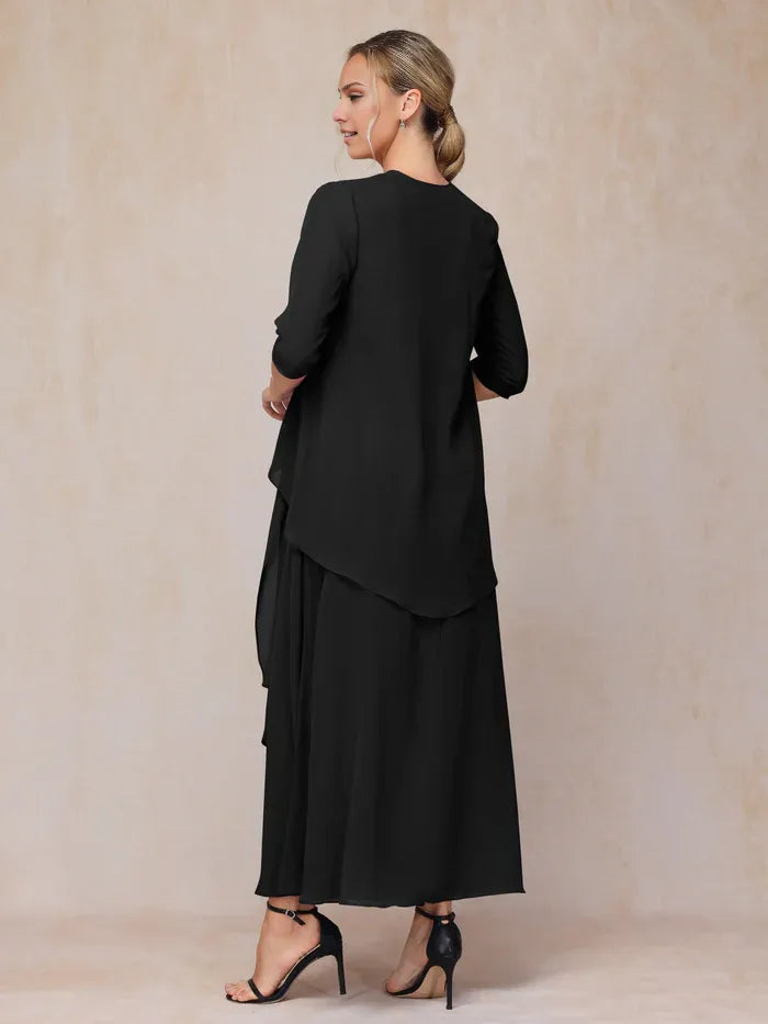 Elegant Black Chiffon Square Neck Short Sleeve Short Mother of the Bride Dress