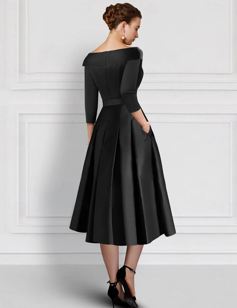Refined Beautiful Elegant Gold Satin A-Line Tea-Length Mother of the Bride Dress