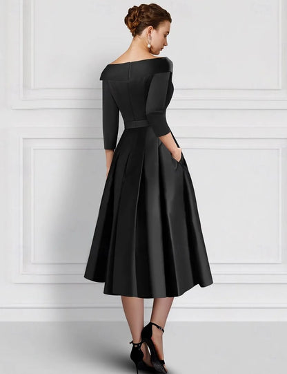 Refined Beautiful Elegant Gold Satin A-Line Tea-Length Mother of the Bride Dress
