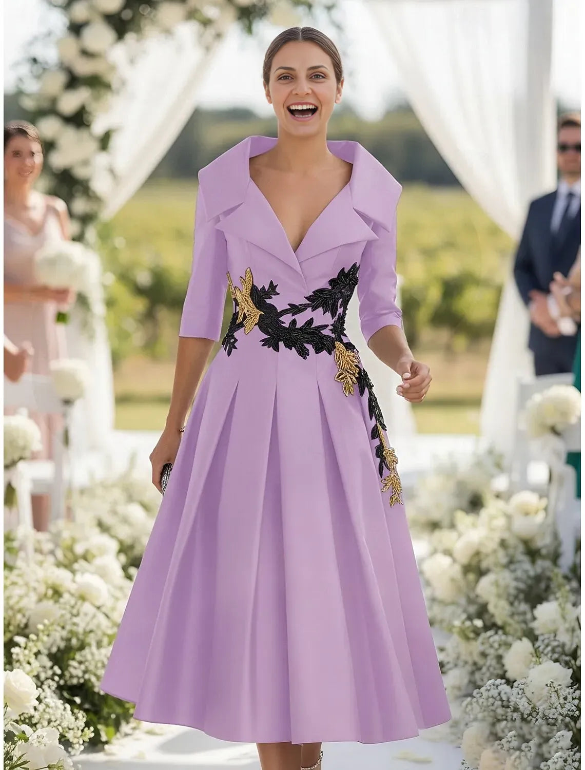 Refined Beautiful Elegant Gold Satin A-Line Tea-Length Mother of the Bride Dress