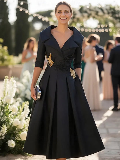 Refined Beautiful Elegant Gold Satin A-Line Tea-Length Mother of the Bride Dress