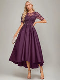 Boat-Neck Short Sleeves Asymmetrical Pleated Keyhole Mother of the Bride Dresses with Appliques Sequins