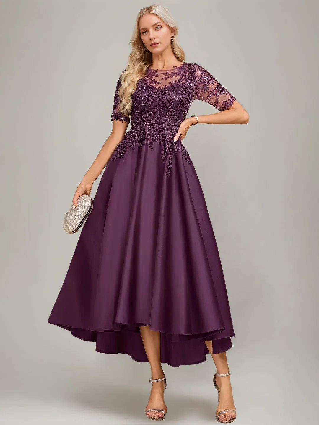 Boat-Neck Short Sleeves Asymmetrical Pleated Keyhole Mother of the Bride Dresses with Appliques Sequins
