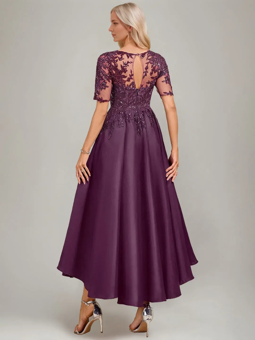 Boat-Neck Short Sleeves Asymmetrical Pleated Keyhole Mother of the Bride Dresses with Appliques Sequins