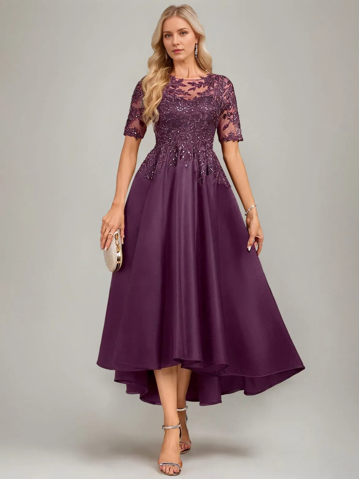Boat-Neck Short Sleeves Asymmetrical Pleated Keyhole Mother of the Bride Dresses with Appliques Sequins